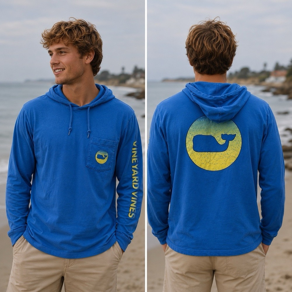 Vineyard Vines Edgartown Hoodie Shirt Mens Small Blue Whale Long Sleeve Pullover